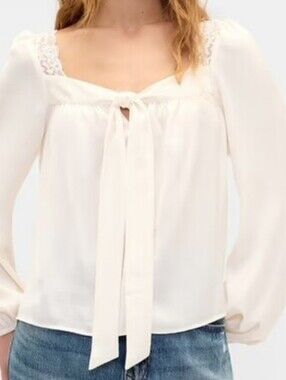 NWT - GAP Oversized Lace Trim Cream Long-Sleeve Tie-Front Blouse - Size L